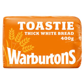 Packaging of Warburtons - Toastie Thick Sliced Soft White Bread - 400g, featuring orange wrapping with brand name and wheat graphics.